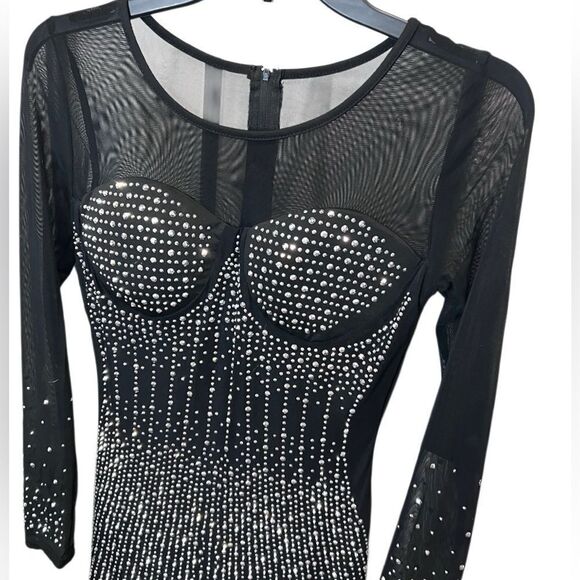 Jumpsuit Embellished W/ Rhinestones Black Mesh Size Medium - Picture 3 of 16